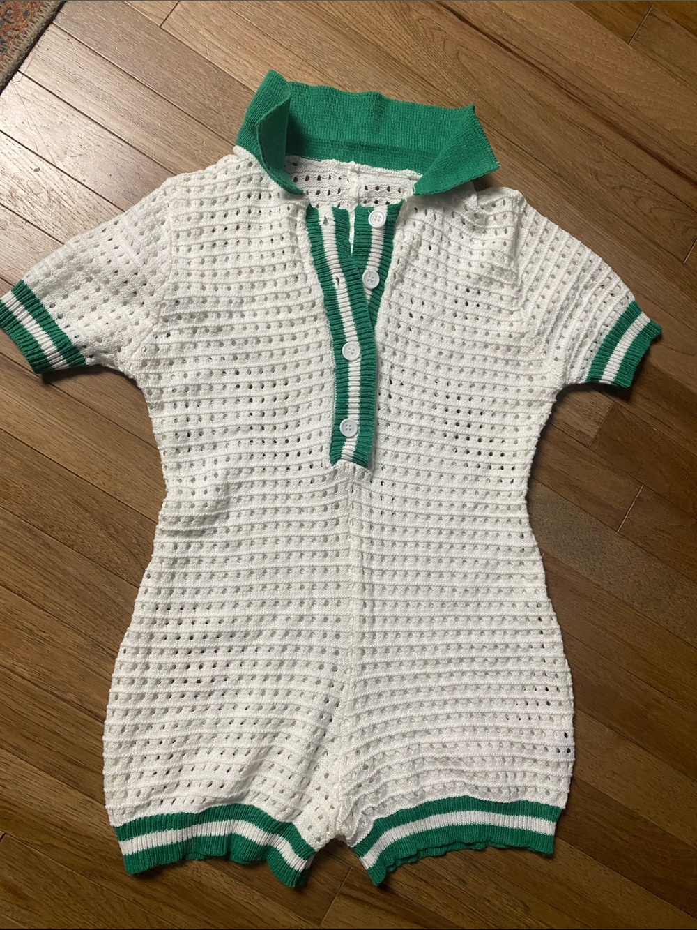 White Knit Romper with Green Trim small